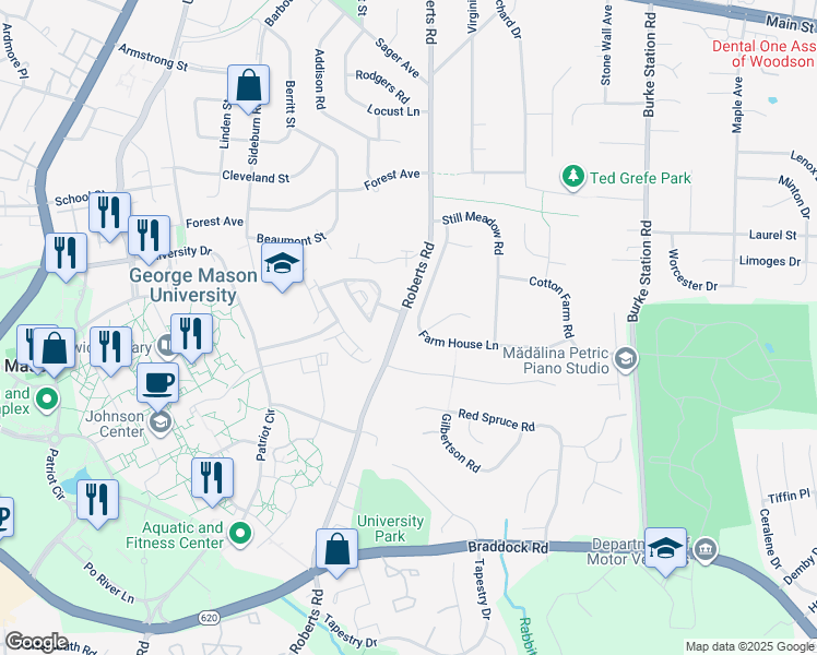 map of restaurants, bars, coffee shops, grocery stores, and more near 4353 Farm House Lane in Fairfax