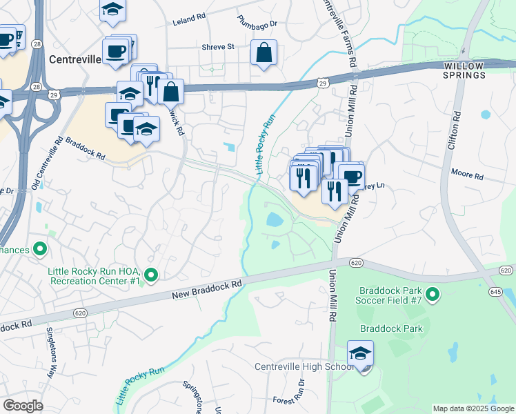 map of restaurants, bars, coffee shops, grocery stores, and more near 5801 Orchard Hill Court in Clifton