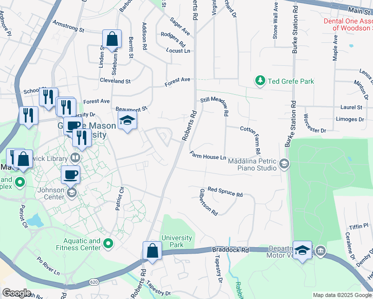 map of restaurants, bars, coffee shops, grocery stores, and more near 4353 Farm House Lane in Fairfax