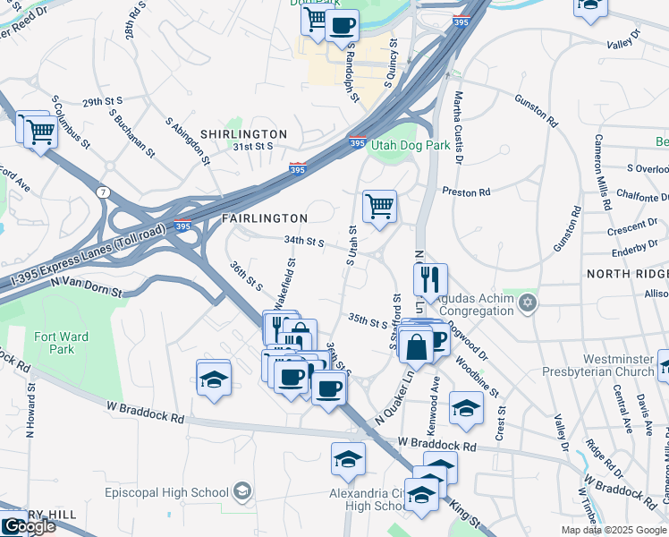 map of restaurants, bars, coffee shops, grocery stores, and more near 3422 South Utah Street in Arlington