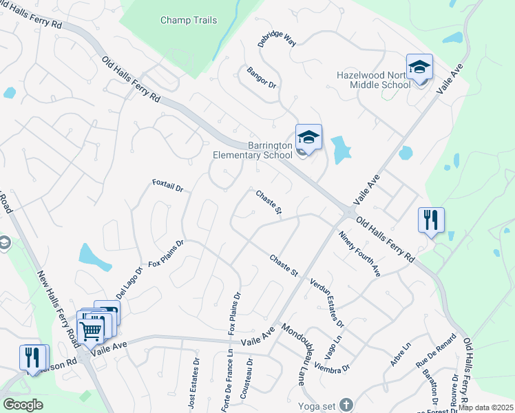 map of restaurants, bars, coffee shops, grocery stores, and more near 4233 Chaste Street in Florissant