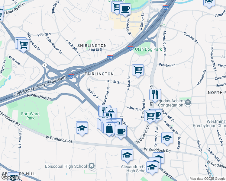 map of restaurants, bars, coffee shops, grocery stores, and more near 3439 South Wakefield Street in Arlington