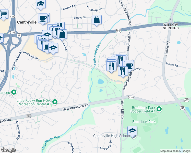 map of restaurants, bars, coffee shops, grocery stores, and more near 5807 Orchard Hill Court in Clifton