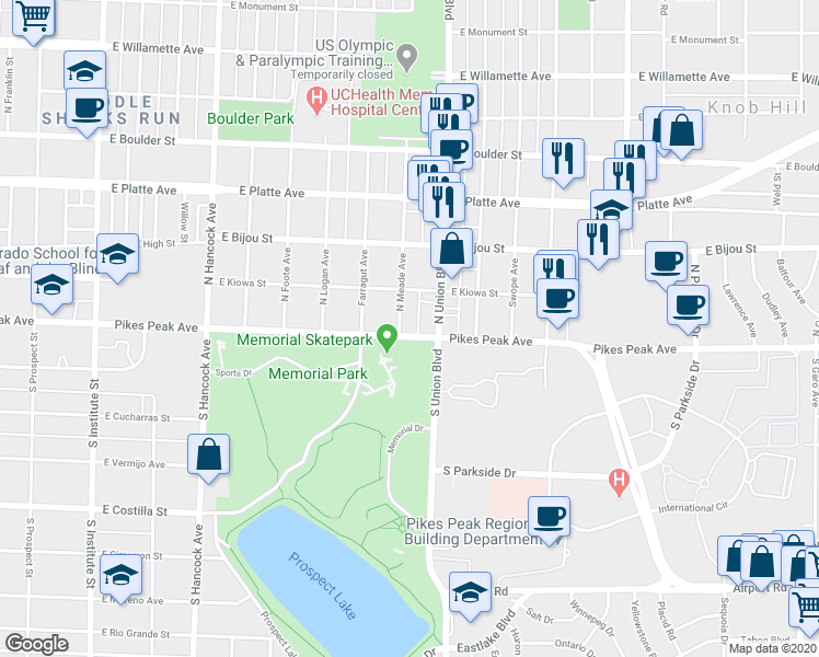map of restaurants, bars, coffee shops, grocery stores, and more near 1706 East Pikes Peak Avenue in Colorado Springs