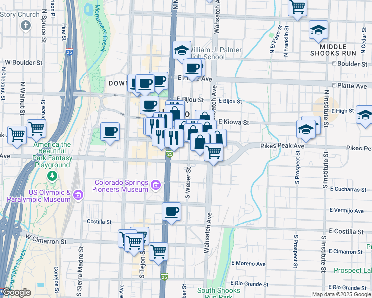 map of restaurants, bars, coffee shops, grocery stores, and more near 229 East Pikes Peak Avenue in Colorado Springs