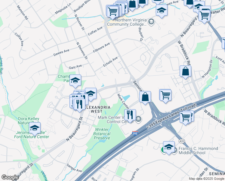 map of restaurants, bars, coffee shops, grocery stores, and more near 1901 North Beauregard Street in Alexandria