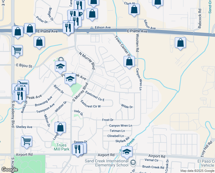 map of restaurants, bars, coffee shops, grocery stores, and more near 36 Stovel Circle in Colorado Springs