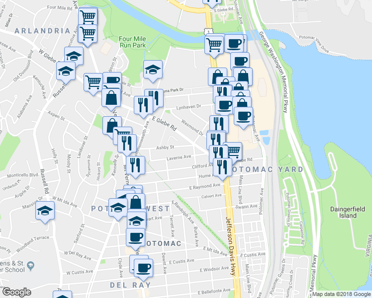 map of restaurants, bars, coffee shops, grocery stores, and more near 327 Ashby Street in Alexandria