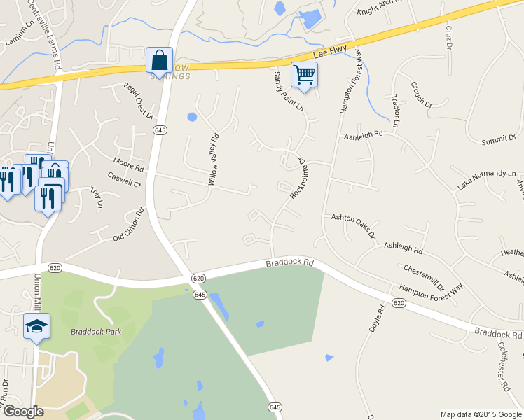 map of restaurants, bars, coffee shops, grocery stores, and more near 13012 Cobble Lane in Clifton