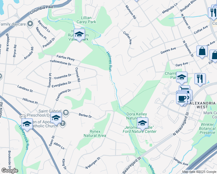 map of restaurants, bars, coffee shops, grocery stores, and more near 6011 Crater Place in Alexandria