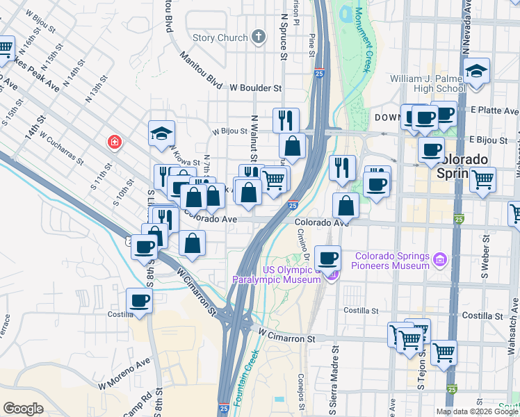 map of restaurants, bars, coffee shops, grocery stores, and more near 11 South Walnut Street in Colorado Springs