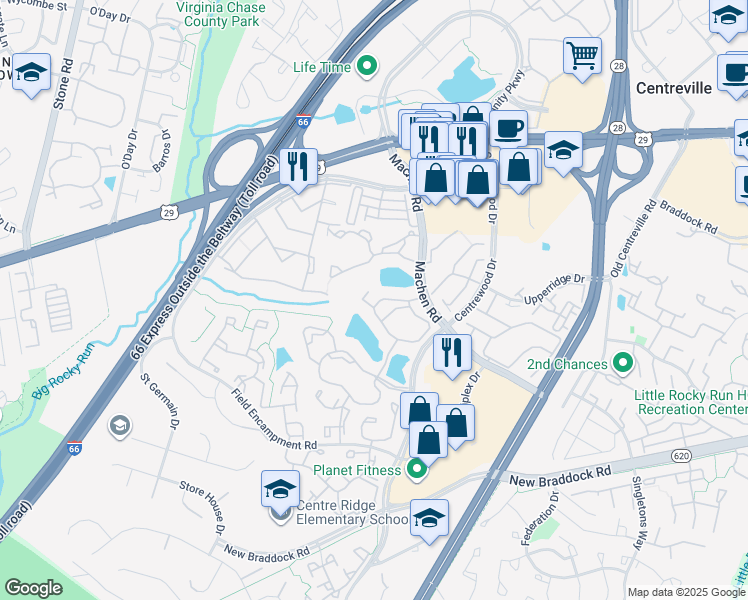 map of restaurants, bars, coffee shops, grocery stores, and more near 6237 Summer Pond Drive in Centreville