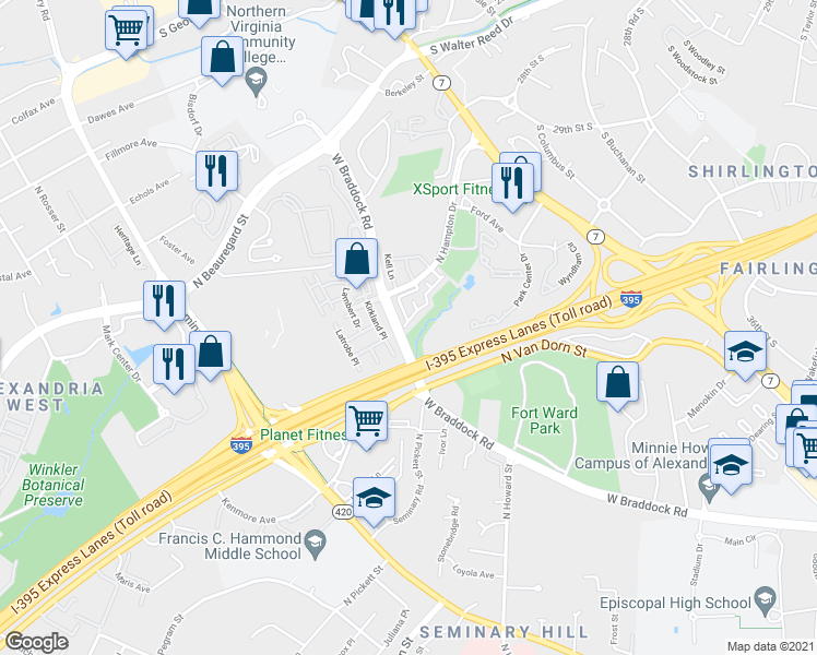 map of restaurants, bars, coffee shops, grocery stores, and more near 2505 Gadsby Place in Alexandria