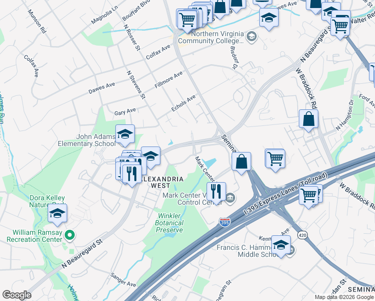 map of restaurants, bars, coffee shops, grocery stores, and more near 1901 North Beauregard Street in Alexandria