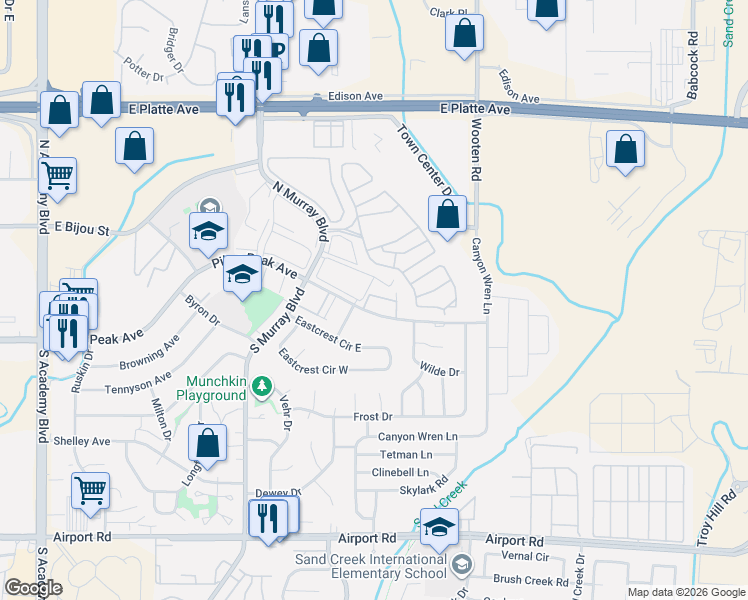 map of restaurants, bars, coffee shops, grocery stores, and more near 35 Stovel Circle in Colorado Springs