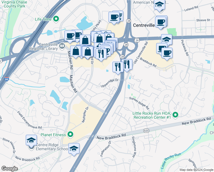 map of restaurants, bars, coffee shops, grocery stores, and more near 14164 Gabrielle Way in Centreville