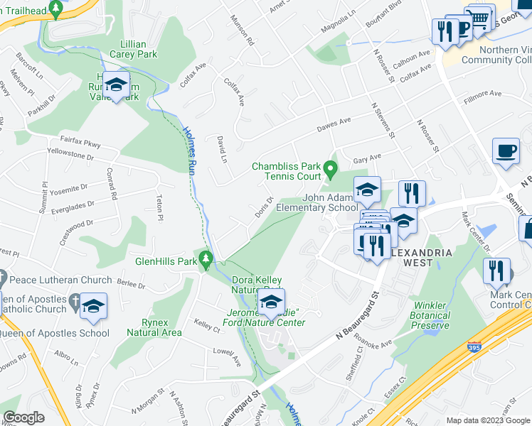 map of restaurants, bars, coffee shops, grocery stores, and more near 5859 Doris Drive in Alexandria