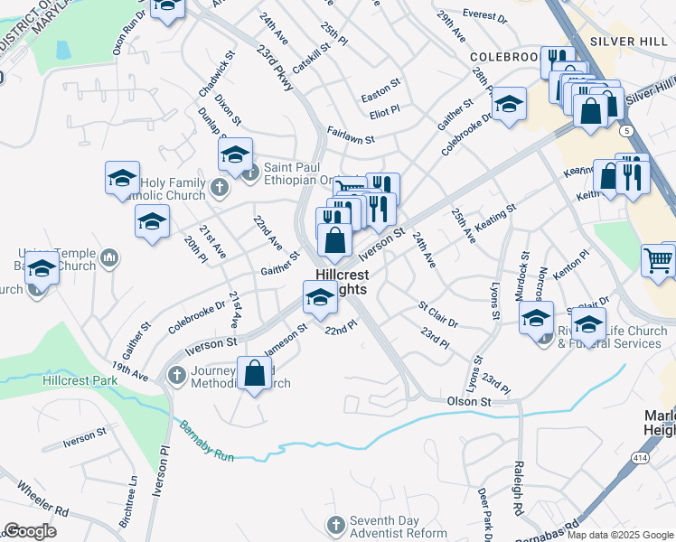 map of restaurants, bars, coffee shops, grocery stores, and more near in Hillcrest Heights