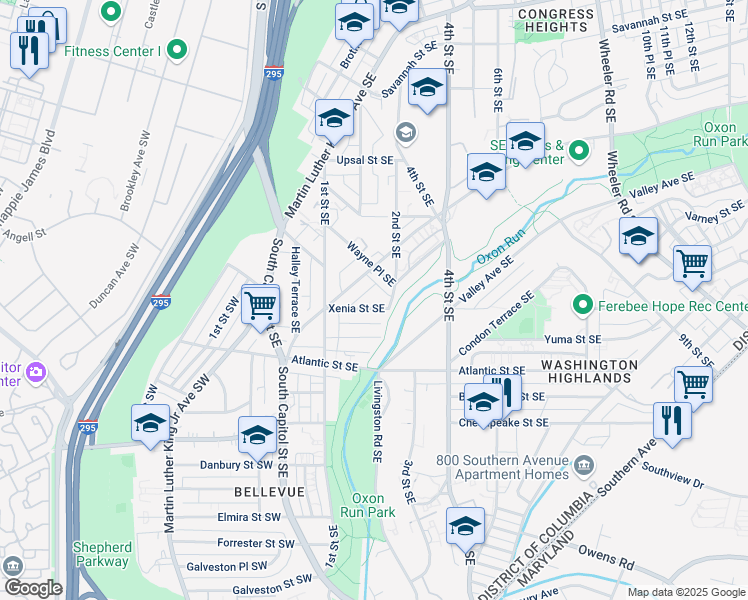 map of restaurants, bars, coffee shops, grocery stores, and more near 150 Xenia Street Southeast in Washington