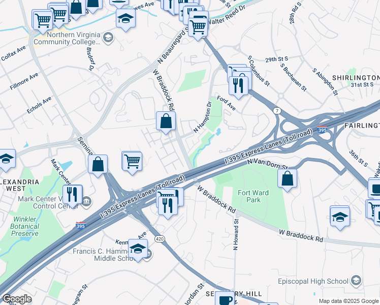 map of restaurants, bars, coffee shops, grocery stores, and more near 2505 Gadsby Place in Alexandria