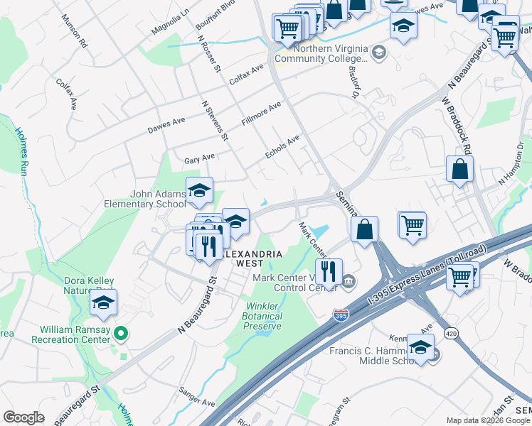 map of restaurants, bars, coffee shops, grocery stores, and more near 1900 North Beauregard Street in Alexandria