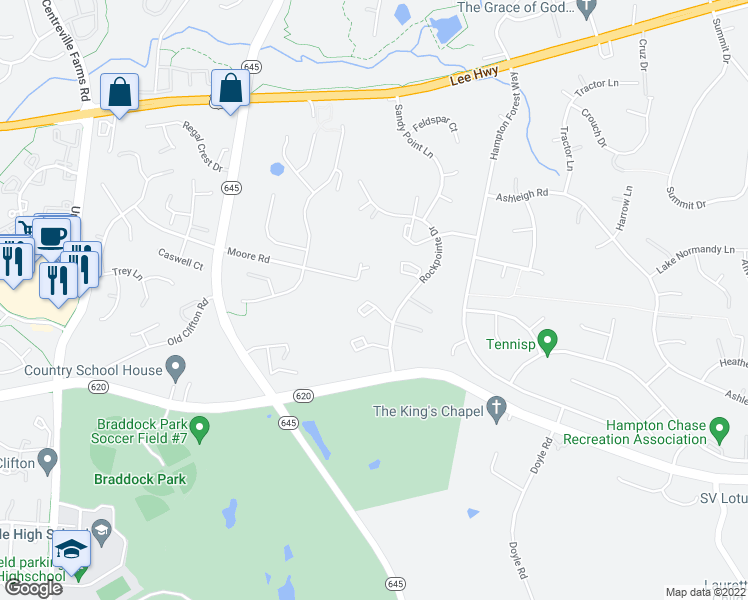 map of restaurants, bars, coffee shops, grocery stores, and more near 13016 Cobble Lane in Clifton