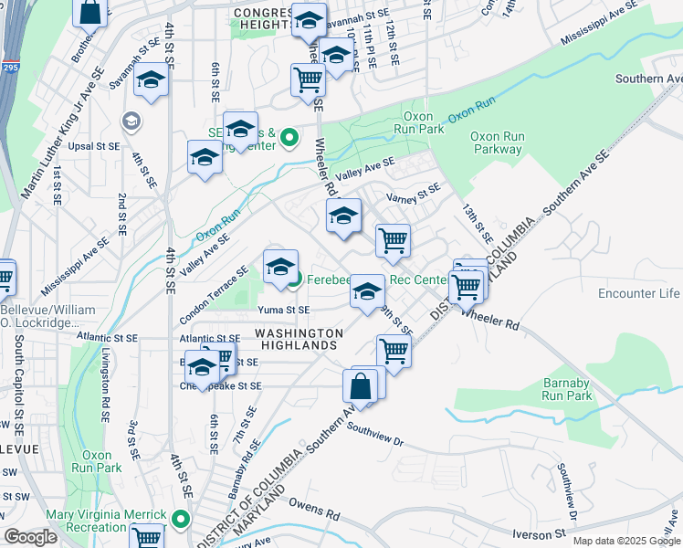 map of restaurants, bars, coffee shops, grocery stores, and more near 848 Xenia Street Southeast in Washington
