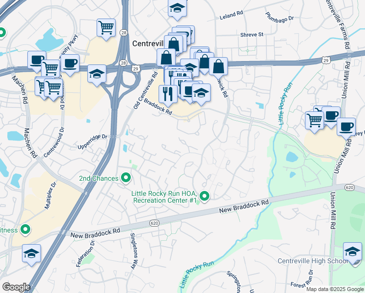 map of restaurants, bars, coffee shops, grocery stores, and more near 13909 Woods Run Court in Centreville