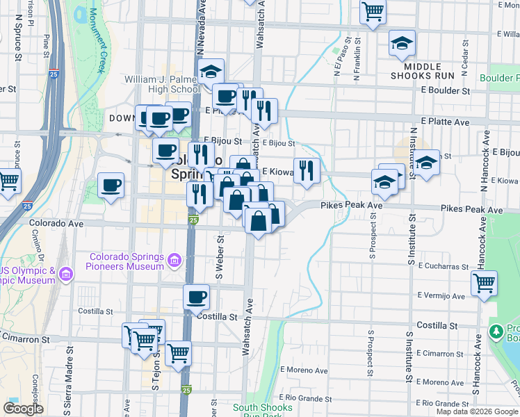 map of restaurants, bars, coffee shops, grocery stores, and more near 425 East Pikes Peak Avenue in Colorado Springs