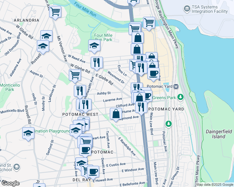 map of restaurants, bars, coffee shops, grocery stores, and more near 327 Ashby Street in Alexandria
