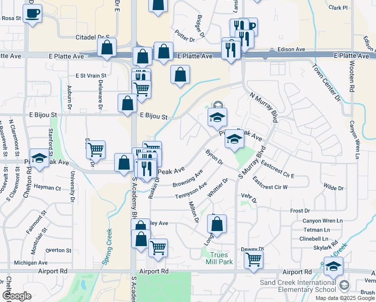 map of restaurants, bars, coffee shops, grocery stores, and more near 132 Coleridge Avenue in Colorado Springs
