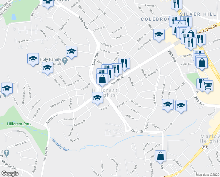 map of restaurants, bars, coffee shops, grocery stores, and more near 2315 Iverson Street in Temple Hills