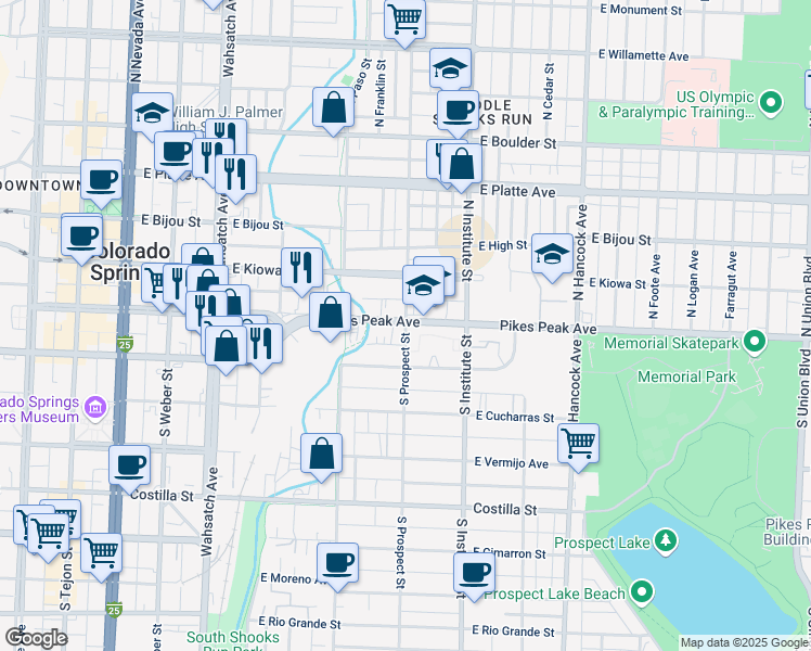 map of restaurants, bars, coffee shops, grocery stores, and more near 14 South Prospect Street in Colorado Springs