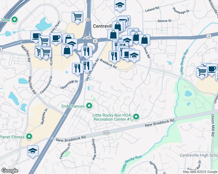 map of restaurants, bars, coffee shops, grocery stores, and more near 13939 Waterflow Place in Centreville
