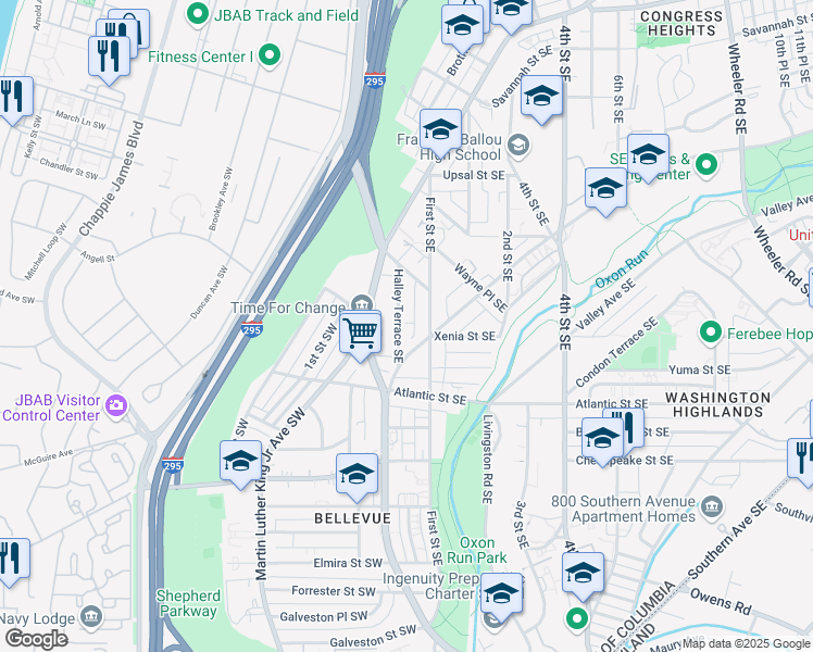 map of restaurants, bars, coffee shops, grocery stores, and more near 3852 Halley Terrace Southeast in Washington