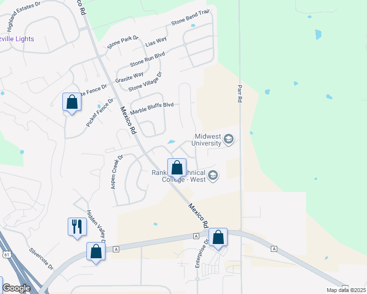 map of restaurants, bars, coffee shops, grocery stores, and more near 205 Brookstone Creek Drive in Wentzville