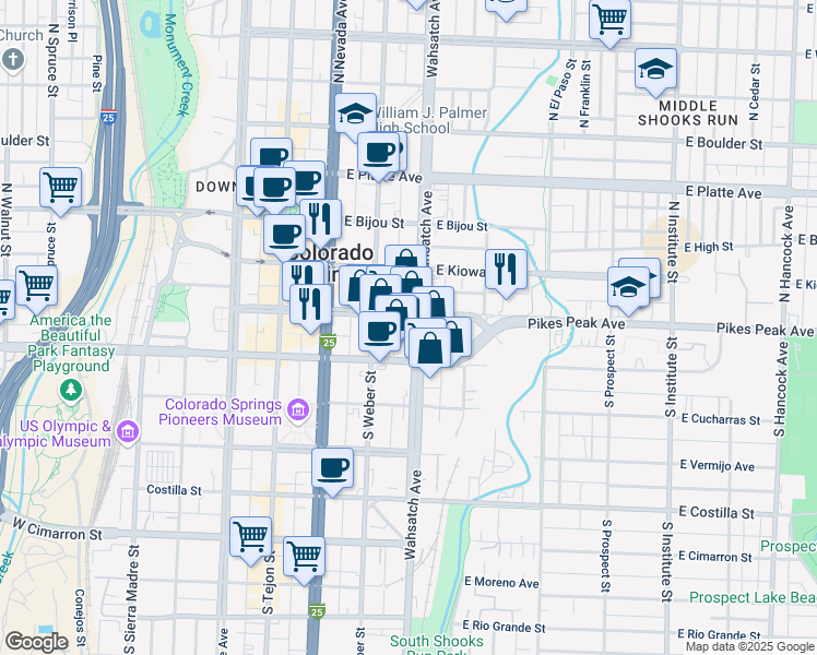 map of restaurants, bars, coffee shops, grocery stores, and more near 329 East Pikes Peak Avenue in Colorado Springs