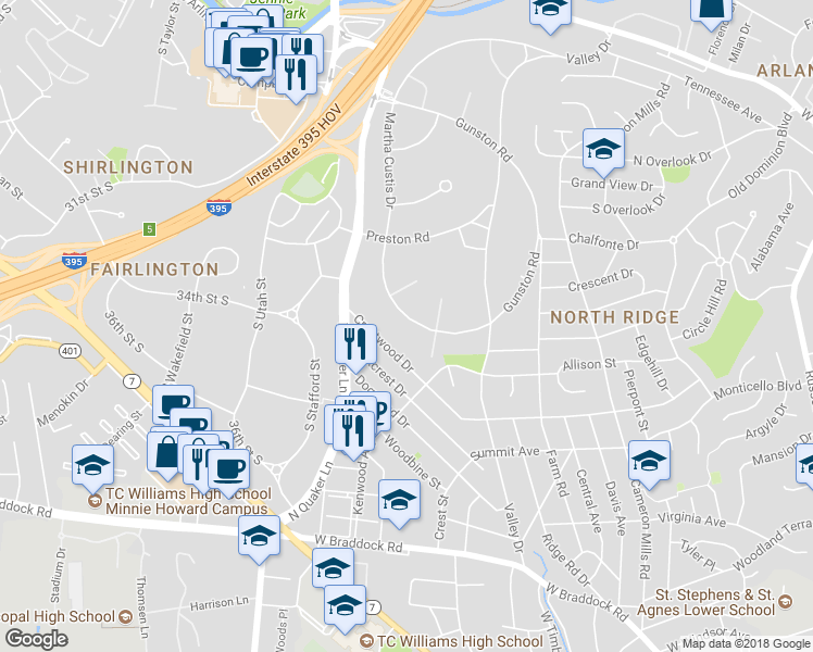 map of restaurants, bars, coffee shops, grocery stores, and more near 3214 Martha Custis Drive in Alexandria