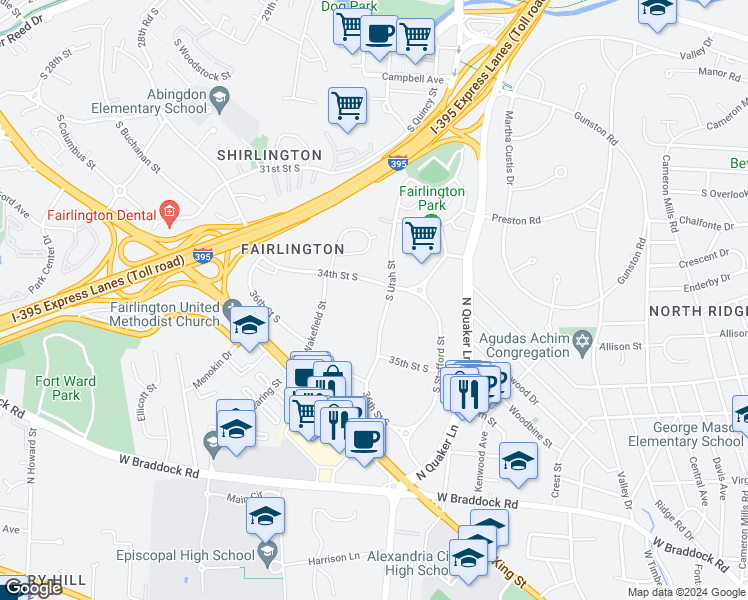 map of restaurants, bars, coffee shops, grocery stores, and more near 3422 South Utah Street in Arlington