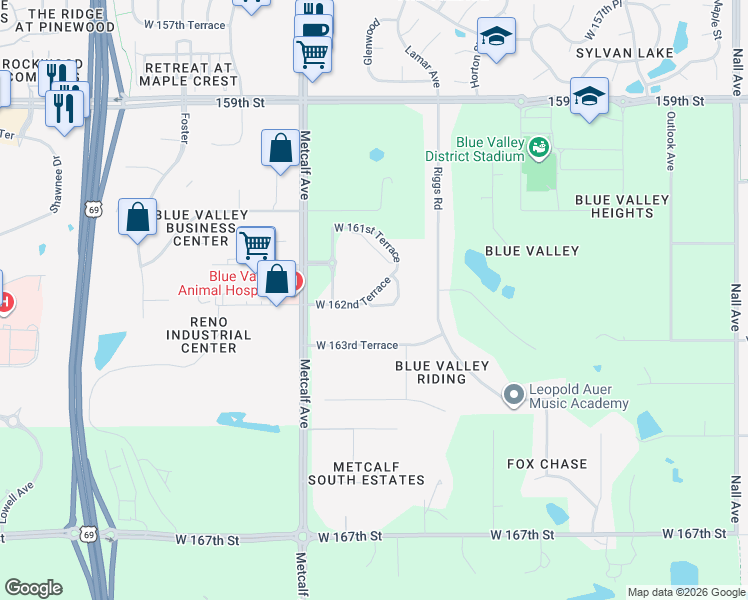 map of restaurants, bars, coffee shops, grocery stores, and more near 6920 West 162nd Terrace in Overland Park