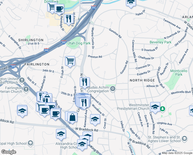 map of restaurants, bars, coffee shops, grocery stores, and more near 3214 Martha Custis Drive in Alexandria