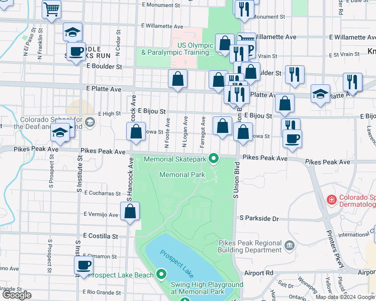 map of restaurants, bars, coffee shops, grocery stores, and more near 1502 East Pikes Peak Avenue in Colorado Springs