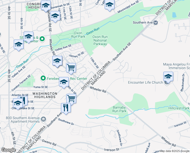 map of restaurants, bars, coffee shops, grocery stores, and more near 4303 12th Street Southeast in Washington