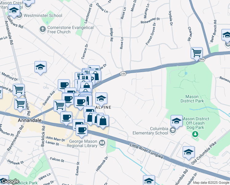 map of restaurants, bars, coffee shops, grocery stores, and more near 6925 Columbia Pike in Annandale