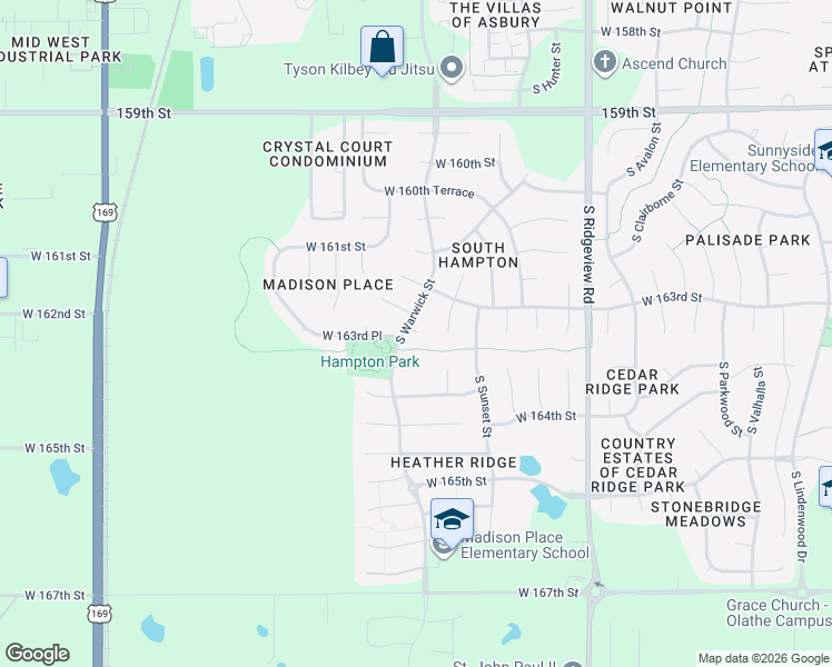 map of restaurants, bars, coffee shops, grocery stores, and more near 16651 South Warwick Street in Olathe