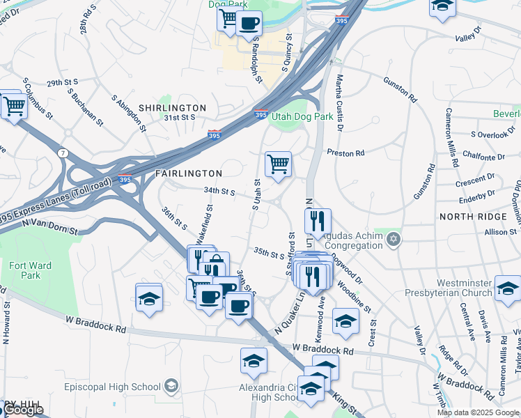 map of restaurants, bars, coffee shops, grocery stores, and more near 3409 South Utah Street in Arlington
