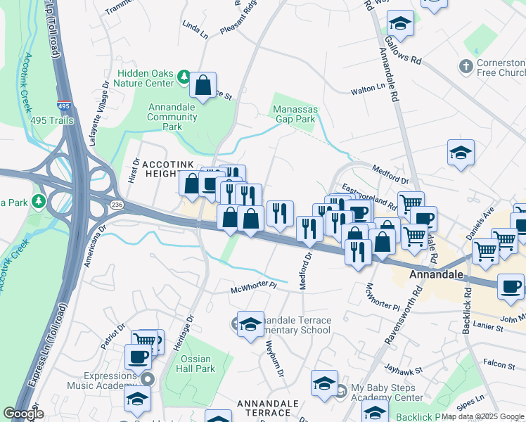map of restaurants, bars, coffee shops, grocery stores, and more near 4113 Woodland Road in Annandale