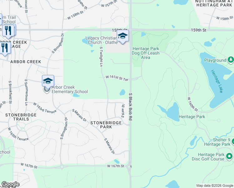 map of restaurants, bars, coffee shops, grocery stores, and more near 15212 West 163rd Terrace in Olathe