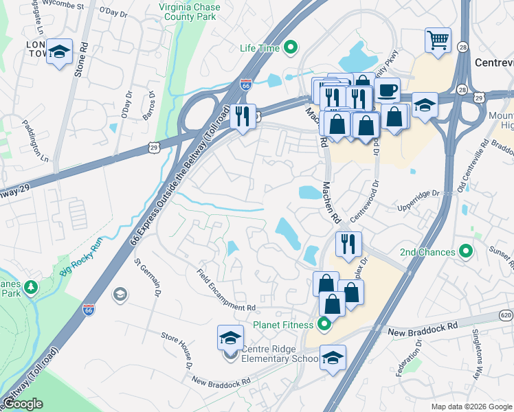 map of restaurants, bars, coffee shops, grocery stores, and more near 14405 Golden Oak Court in Centreville