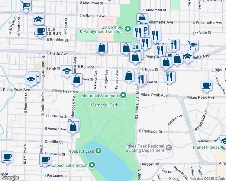 map of restaurants, bars, coffee shops, grocery stores, and more near 17 Farragut Avenue in Colorado Springs